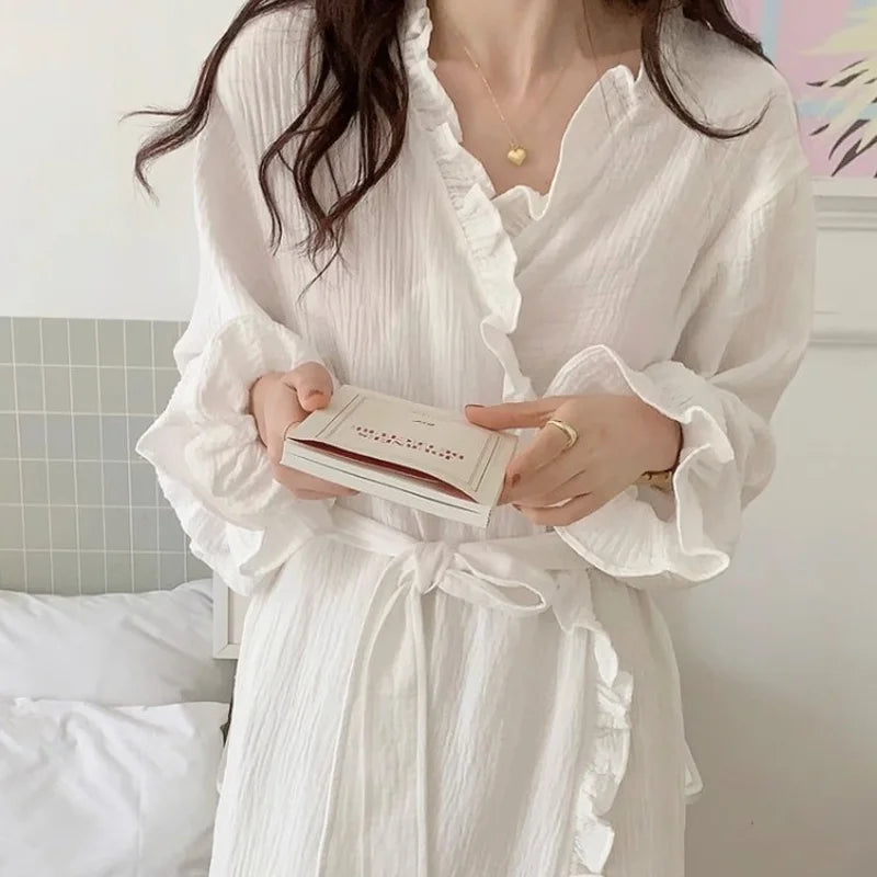 Women's Spring and Summer New Simple Long-Sleeved Robe Girls Sweet Ins Wind Ruffled Thin Section of Solid Color Pajamas Home Wea