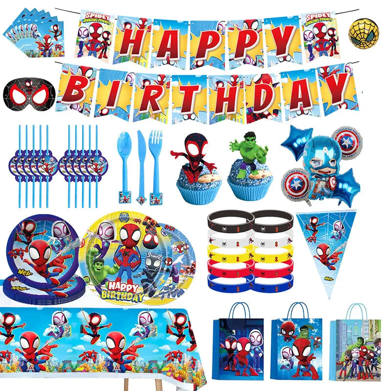 Spidey And His Amazing Friends Birthday Decoration Tableware Supplies Party Paper Cups Plates Tablecloth Banner Balloons For Kid