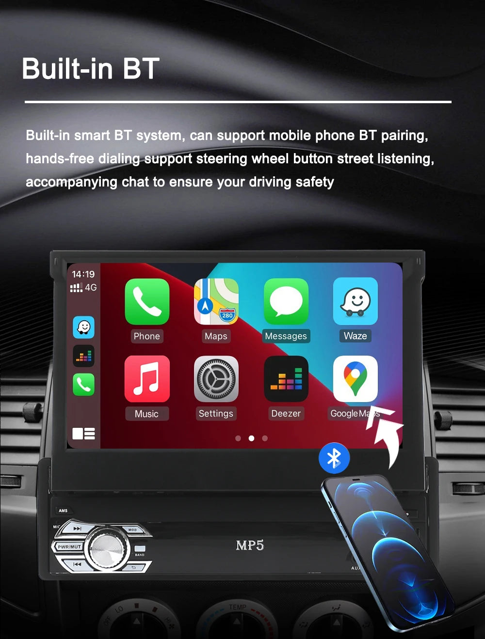 Universal 1 Din MP5 Player 7 Inch Carplay Android Auto Manual Automatic Retractable Touch Screen Car Player FM Radio Mirror Link