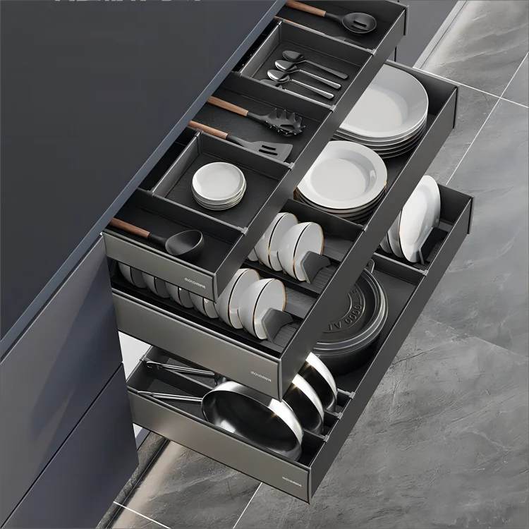 Goldmine Cabinet Organizers 3 Layers Aluminum Storage Baskets Drawers Tableware And Cookware Pullout Drawers For Kitchen