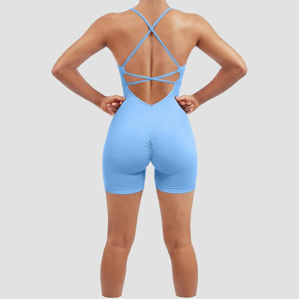 Yoga Sxy Criss Cross Backless Cami Sports Romper,Women's Jumpsuits Ribbed One Piece Workout Sleeveless Rompers Tank Top Shorts