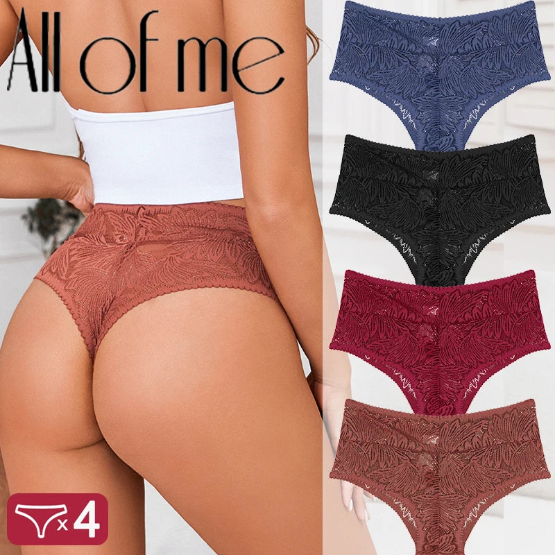 4PCS/Set Women Floral Lace Thongs Sexy Perspective G-String Mid Waist T-back Female Breathable Intimates Brazilian Underwears