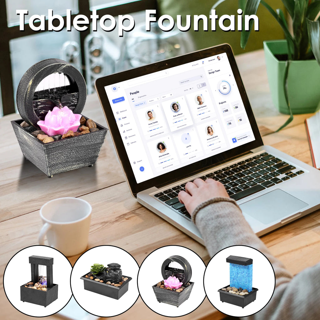 Tabletop Fountain with Light Battery/USB Operated Mini Desktop Waterfall Decoration Creative Flowing Water Fountain Ornaments