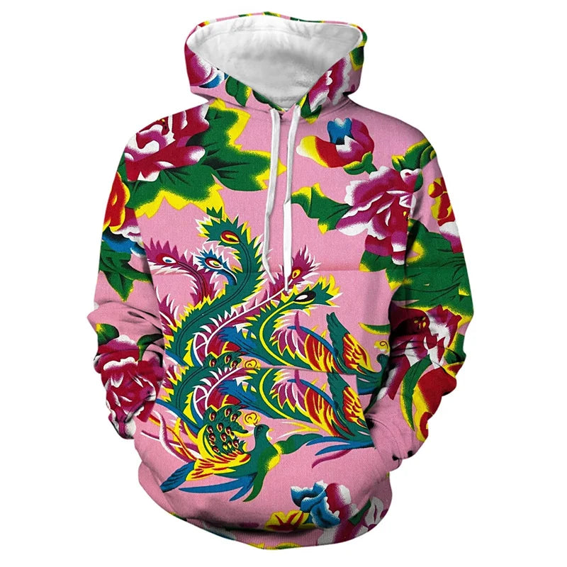 Men's 3d Print Floral Hooded Sweatshirt Chinese DongBei Style Flowers Graphic Hoodie Long Sleeves Pullovers Tops Women Clothes