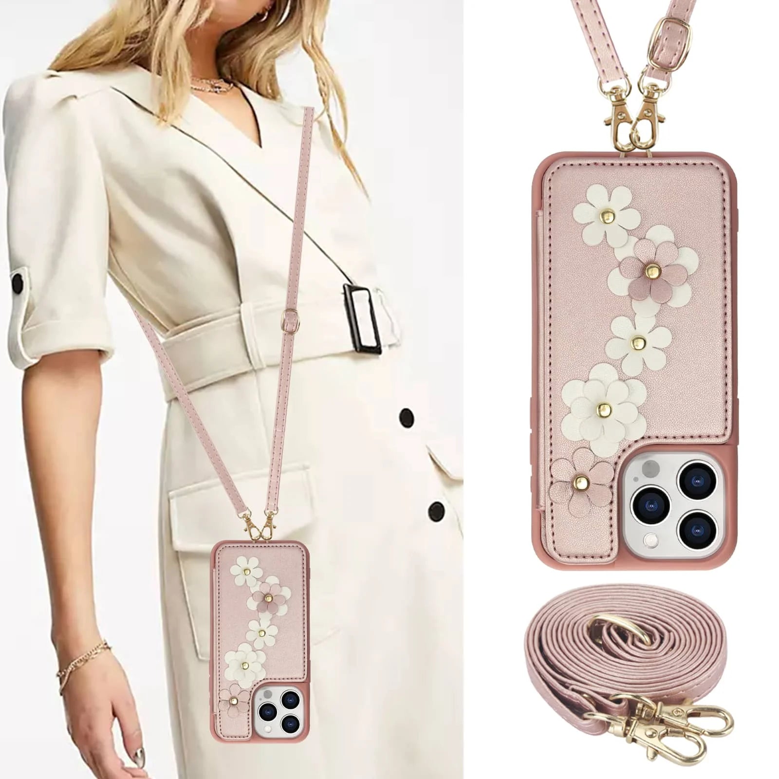 For iPhone 16 15 14 Pro Max Plus Case, Wallet with Card Holder, Cute Flower Design Crossbody Purse, Magnetic Kickstand Cover