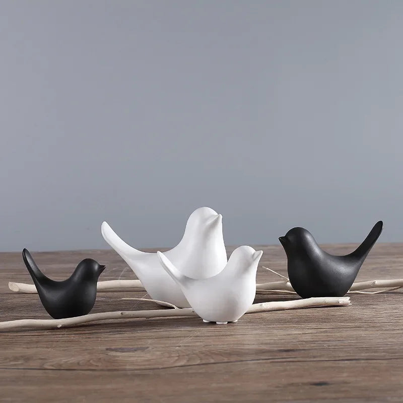 Bird Figurine 4 Sizes Nordic Ceramic Black White Animal Statue Jewelry Home Decoration Living Room Table Sculptural Ornament