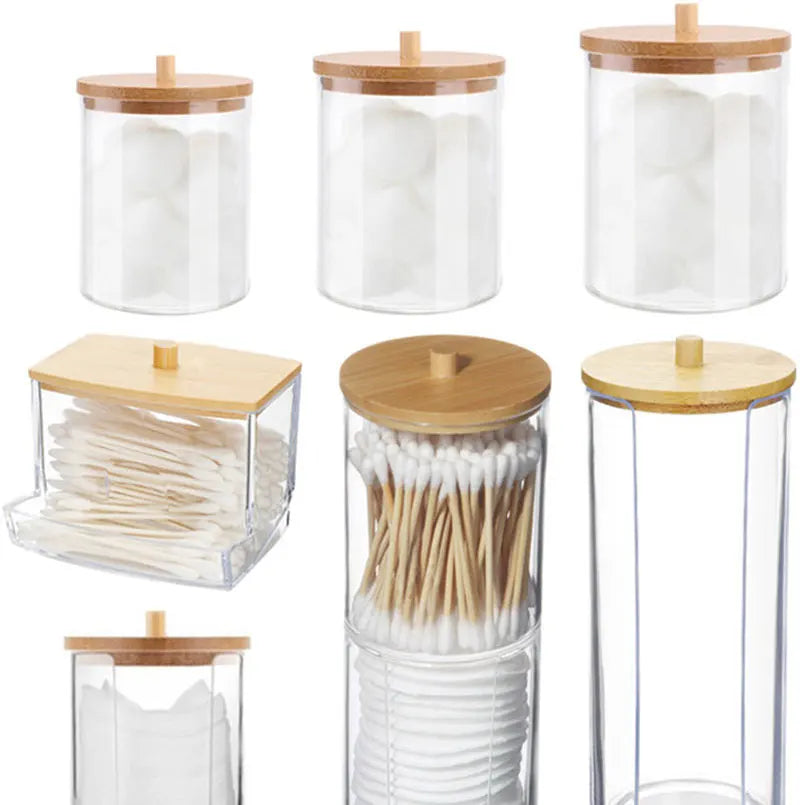 Acrylic Storage Box Bathroom Jar Makeup Organizer Cotton Round Pad Holder Cotton Holder Dispenser with Bamboo Lid Clear Plastic