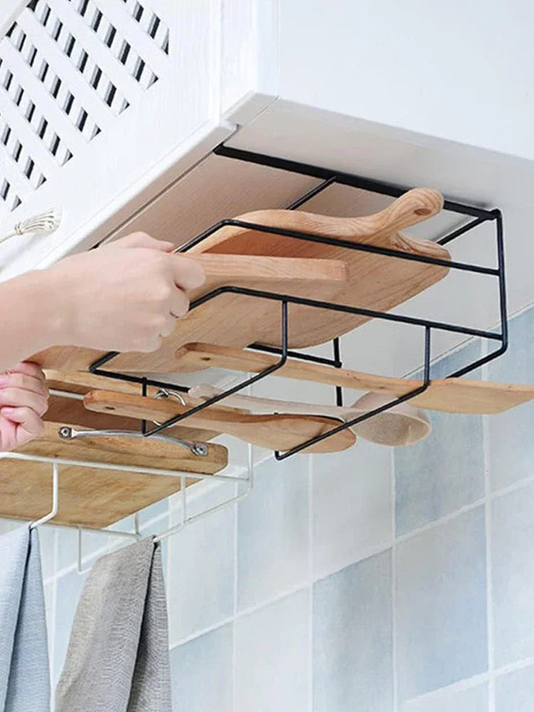 Cutting Board Kitchen Shelf, Double-Layer Perforation-Free Cabinet Hanger, Rag, Cutting Board Storage And Finishing Iron Hanger