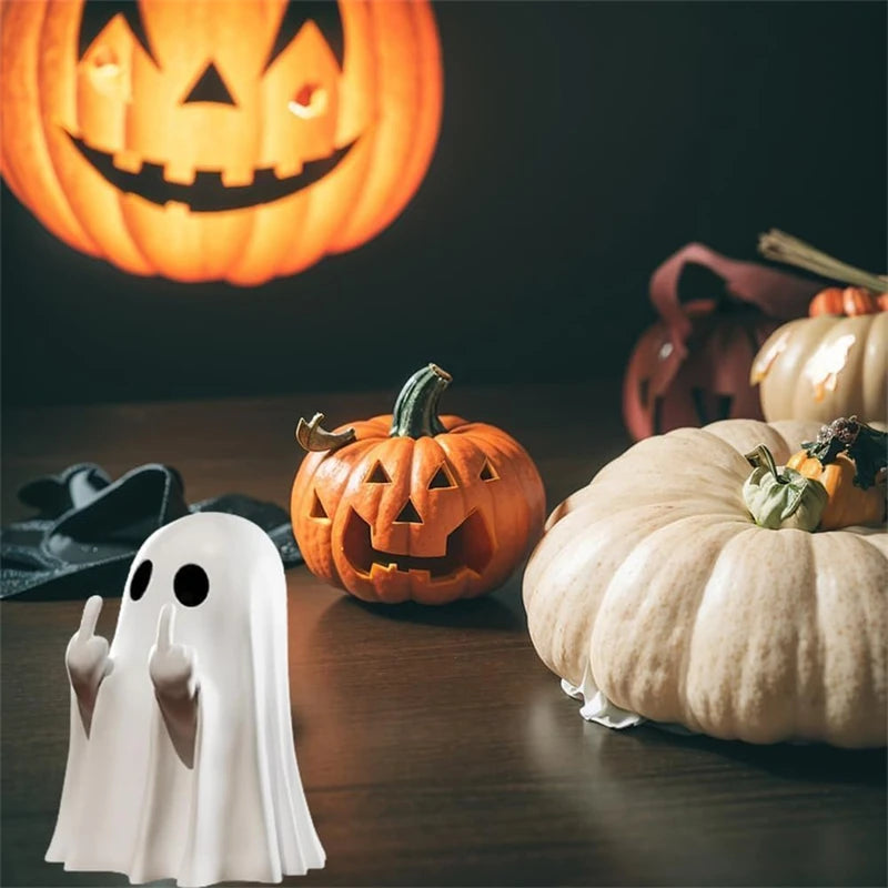 Cute Ghost Resin Statue Middle Finger Figurine Spooky Halloween Decor For Shelf Mantel Coffee Table Display Home Party Ornament