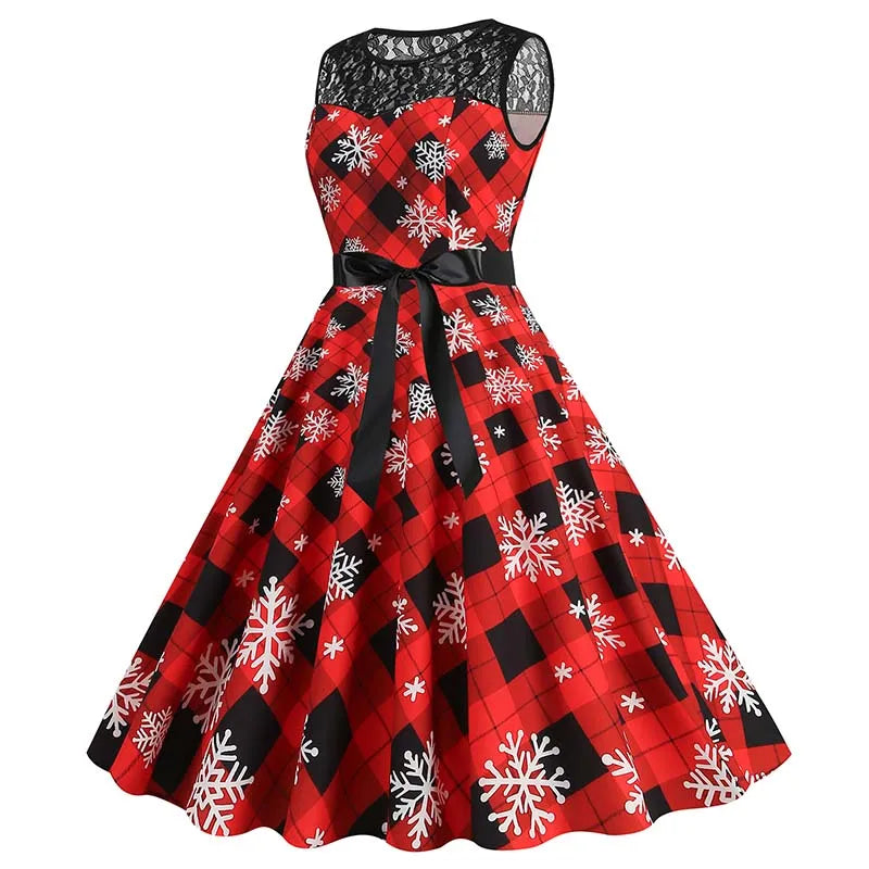 Christmas Dress Women Vintage 50s Lace Sleeveless Print Party A Line Santa Claus Sundress Runway Midi Pinup Flare Dresses