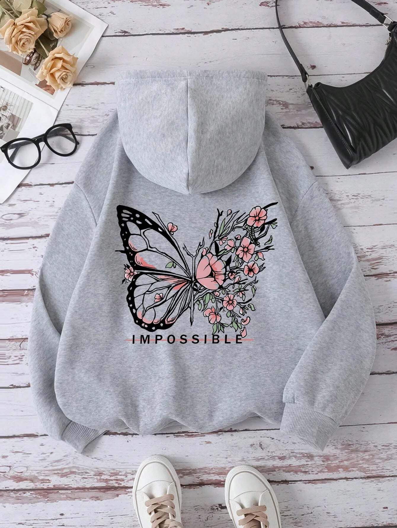 Rose Butterfly Impossible Letter Graphic Print Women Sweatshirt Fashion Warm Hooded Loose Casual Hoodies Fleece Soft Clothing