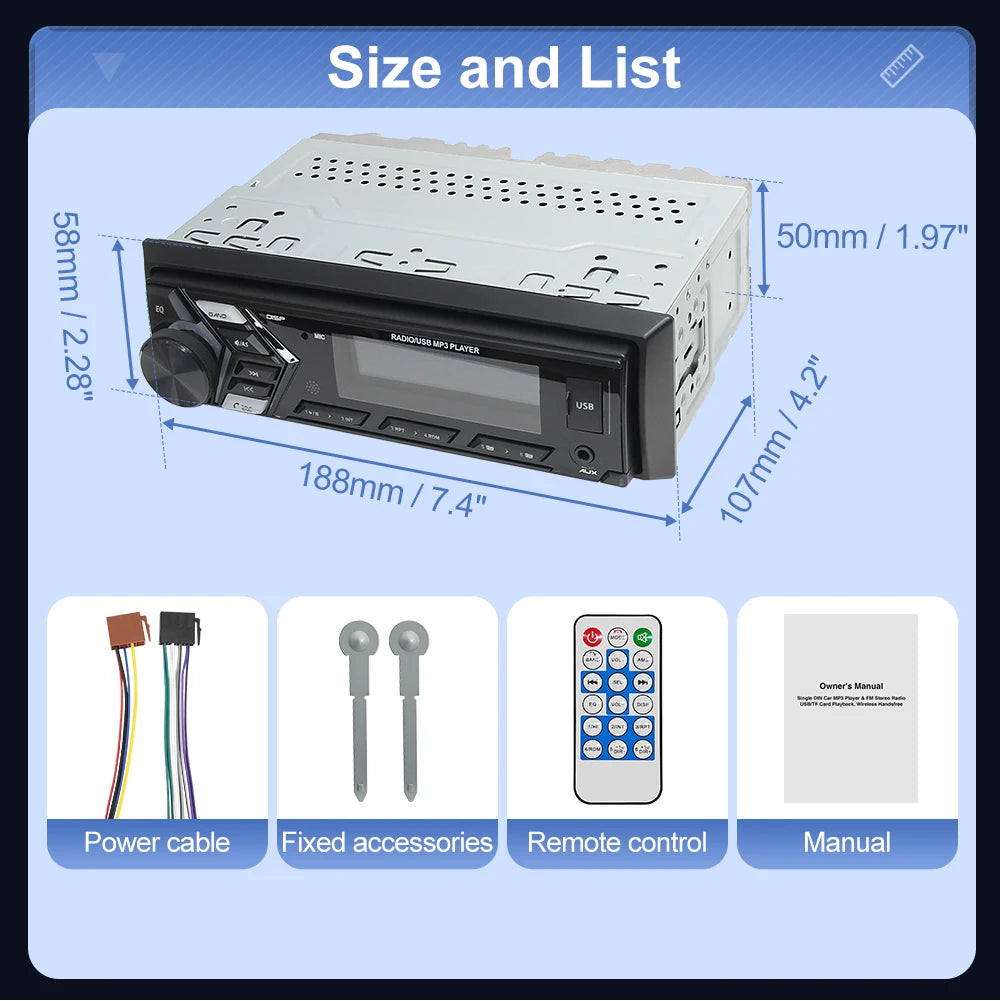 AKAMATE Car Radio MP3 Multimedia Player Audio FM Radio Support Phone Charging Bluetooth EQ AUX USB Detachable Panel 1Din Radio