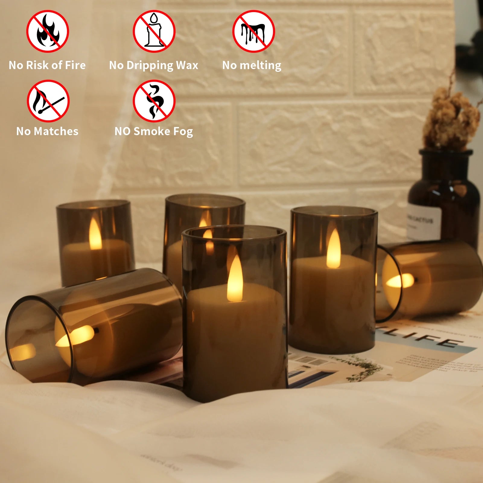 6pc Led Flameless Electric Candles Lamp Acrylic Glass Battery Flickering Fake Tealight Candle Bulk for Wedding Christmas Table