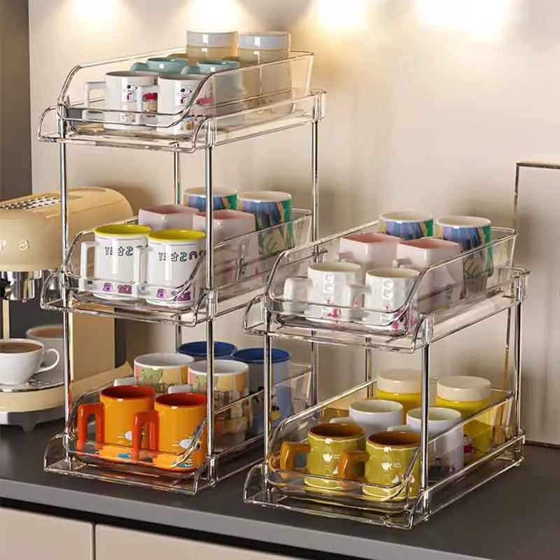 Cup Storage Rack Kitchen Cabinet Bar Double Tea Set Mug Holder Multifunctional Sundry Organization Countertop Pull Out Shelf