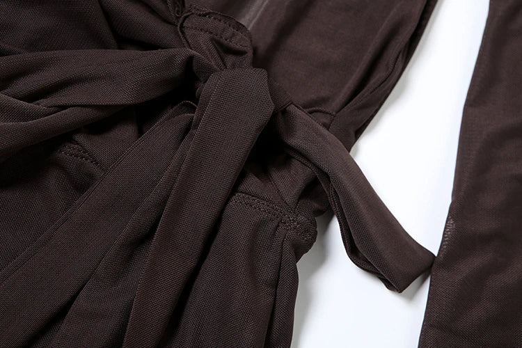 Weird Puss Mesh Sexy Summer Dress Women Cross Bandage Low-Neck Backless Flare Sleeve Midnight Coquette Midnight Party Bodycon