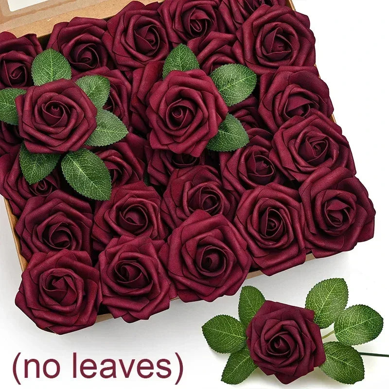 50/5Pcs Artificial Roses Flowers Foam Fake Rose Heads With Stems For DIY Wedding Bouquets Home Party Tables Decorations Supplies