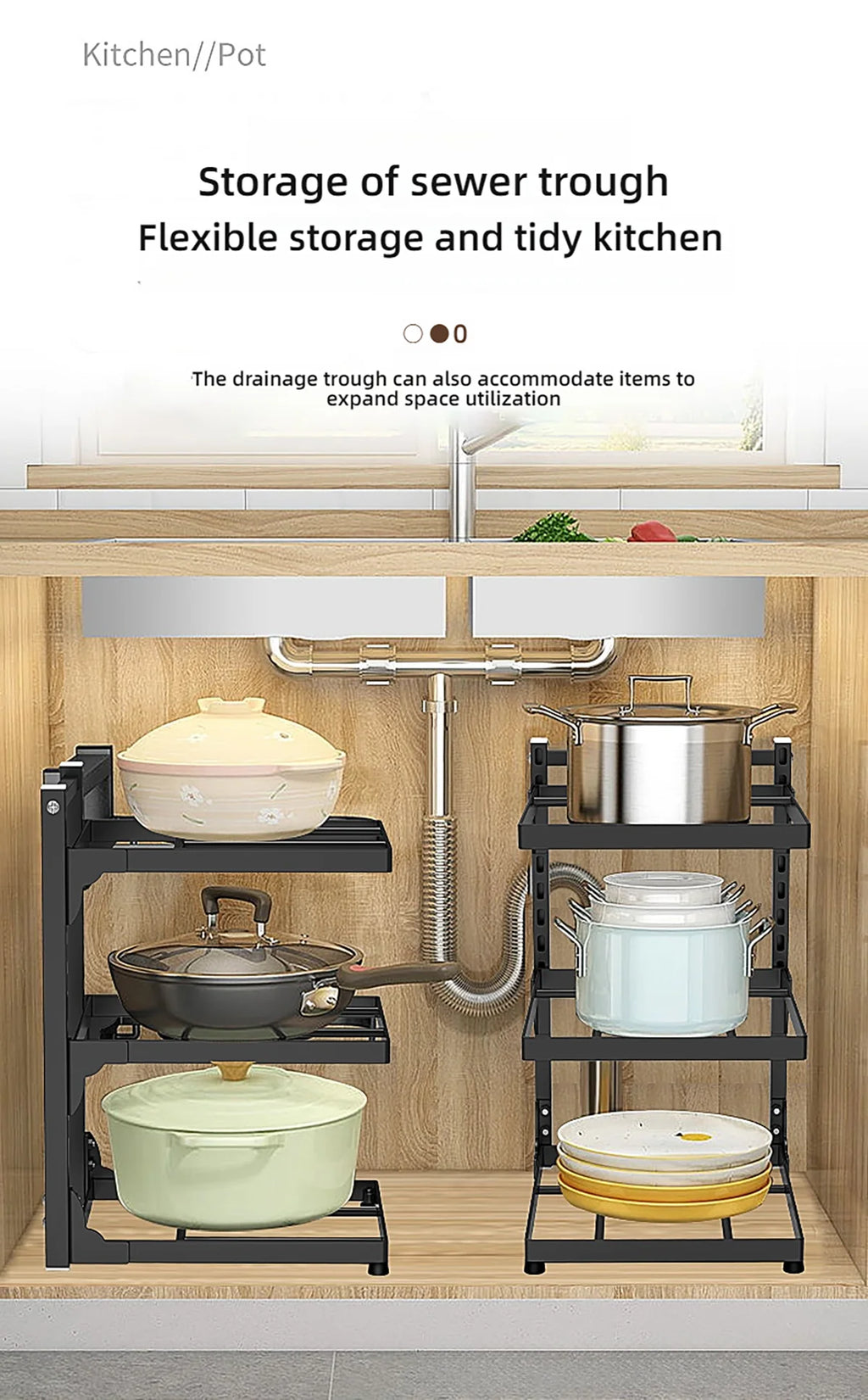 Kitchen Shelf Space-saving Kitchenware Storage Rack Adjustable Pot Rack 2-4 Tiers Under Sink/Corner Applicable