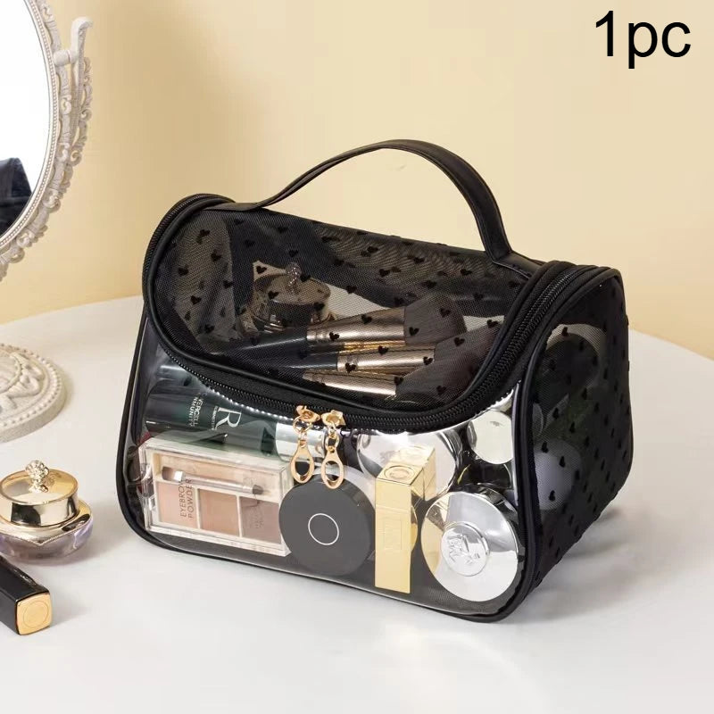 1pc Large Capacity Heart Mesh Makeup Bag Frosted Transparent Cosmetic Toiletry Organizer Travel Pouch for Office Home or Daily