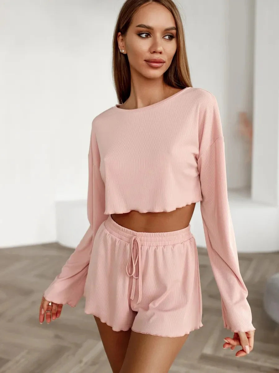 Women's Pajamas Long-sleeved Navel Leakage Top Shorts Set Knitted Fabric Comfortable Soft Breathable Fashion Simple Homewear