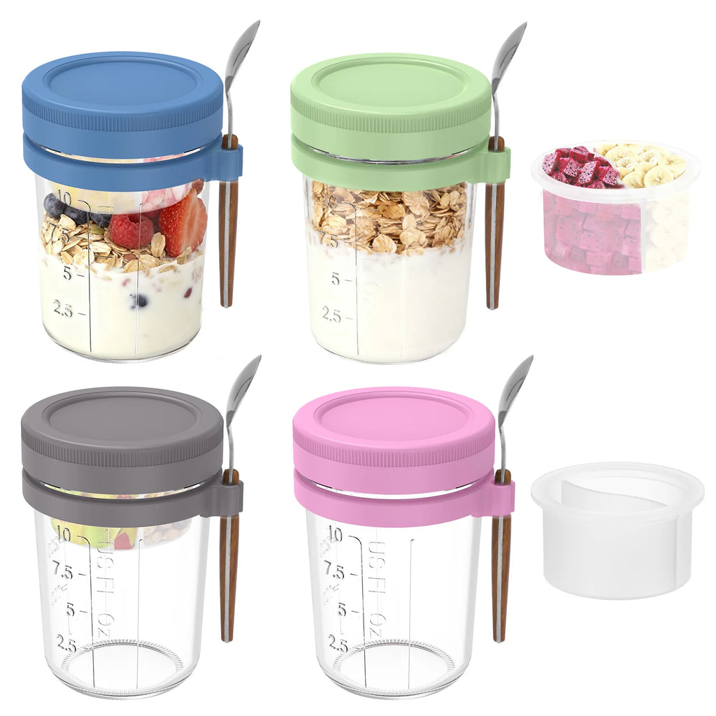 4Pcs Overnight Oats Container Clear Airtight Glass Jar with Lid and Spoon Portable Cereal Breakfast Cups Food Storage Box