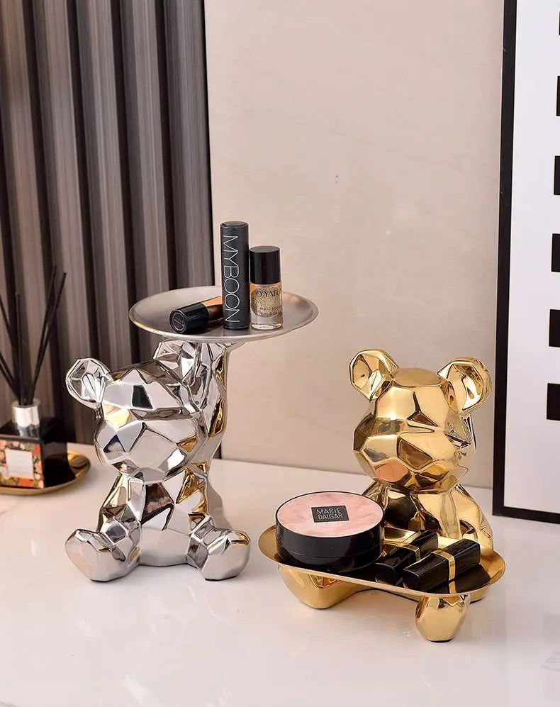 Geometric bear statue with tray storage, ceramic plating piggy bank, key, cosmetic storage box, bookshelf statue decoration.