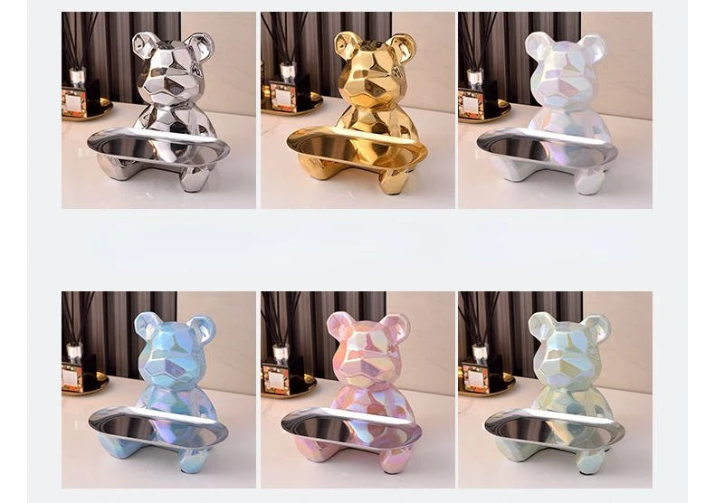 Geometric bear statue with tray storage, ceramic plating piggy bank, key, cosmetic storage box, bookshelf statue decoration.