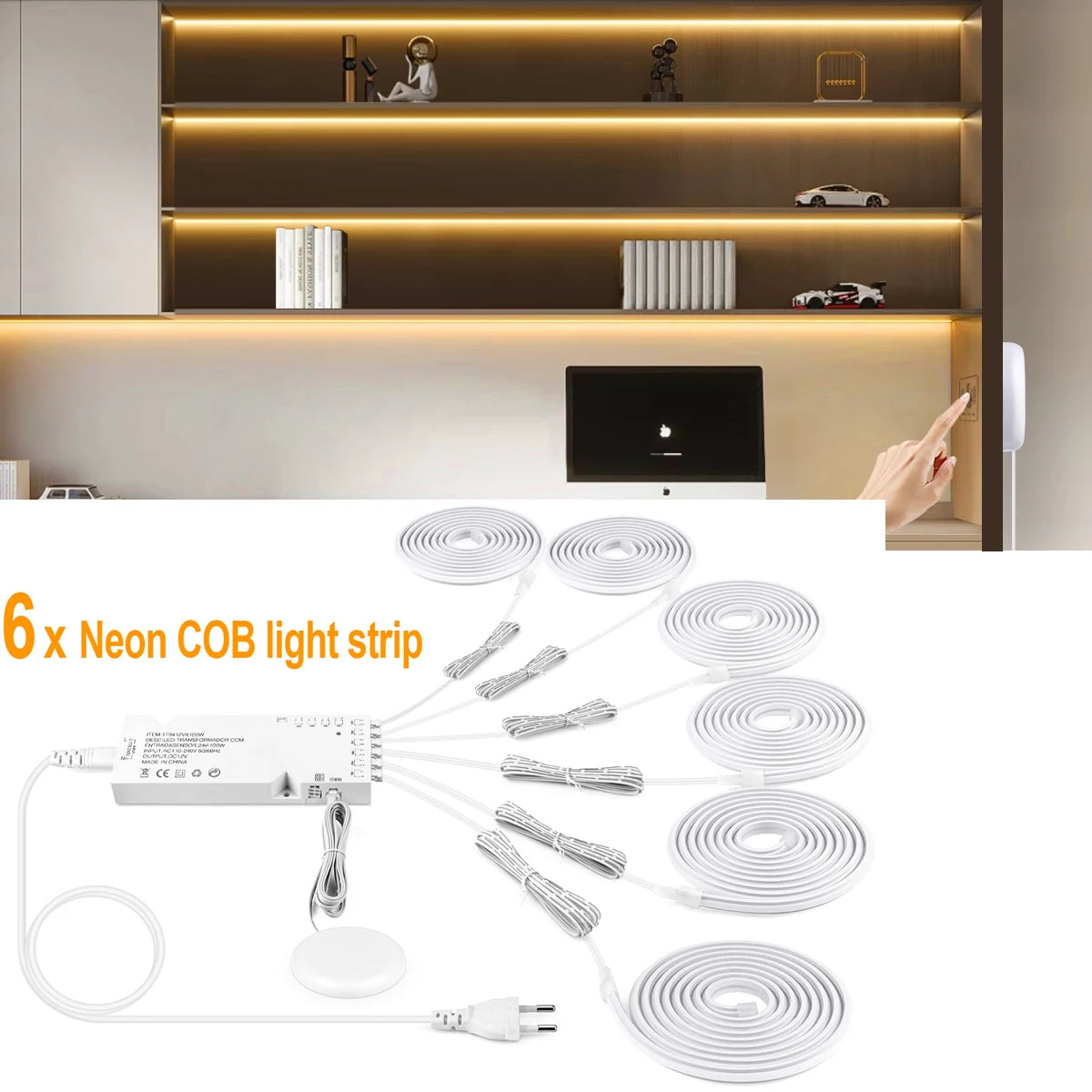 COB Neon Strip Under Cabinet Led Lights Penetrable Wood Dimmable Touch Sensor Wall Lamp,Kitchen Storage Cabinet Lighting Decor