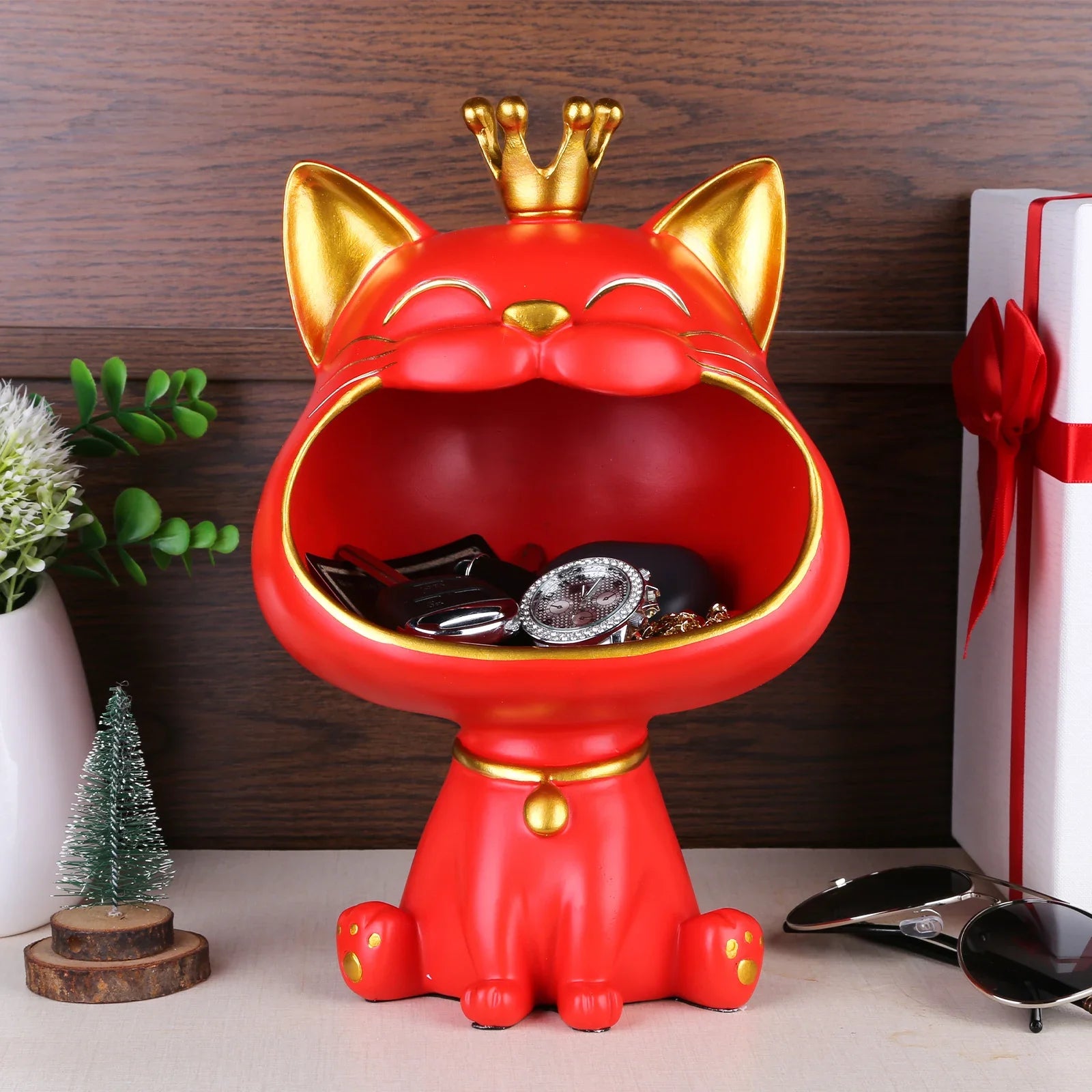 2024 NEW Fortune Crown Big Mouth Cat Entrance Key Storage Tray Decorative Ornament, Light Luxury Housewarming Gift Sculpture