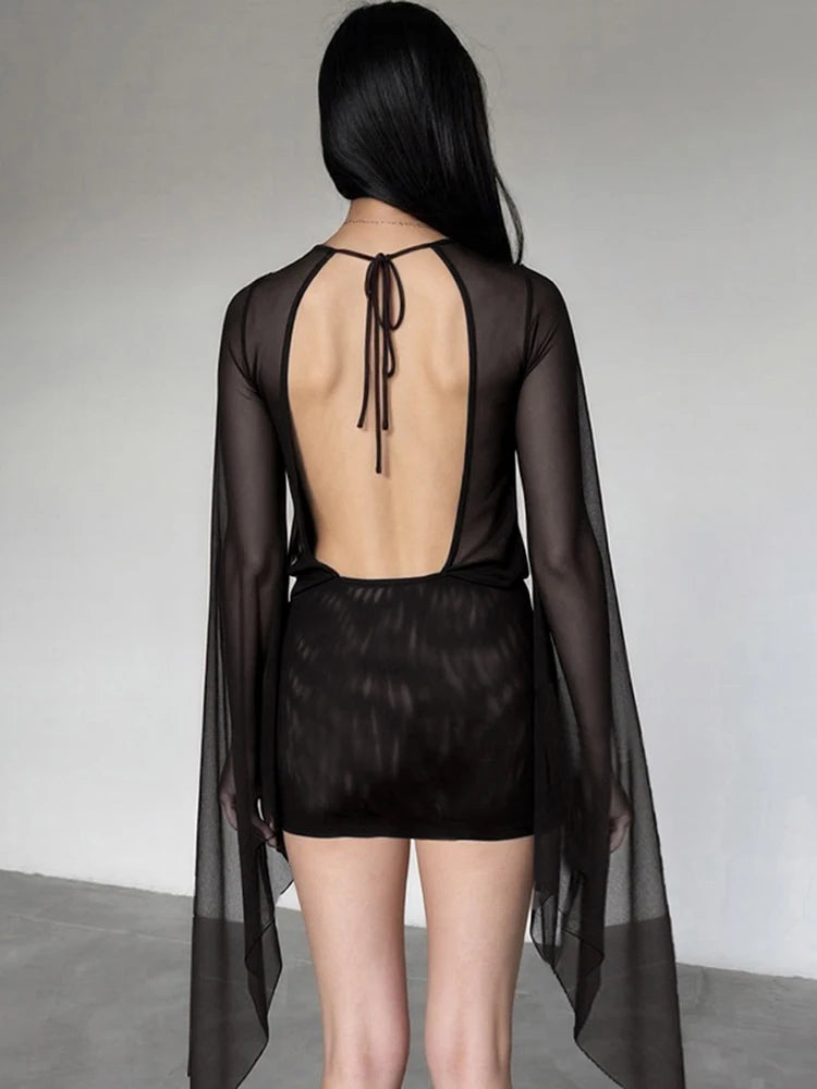 Weird Puss Mesh Sexy Summer Dress Women Cross Bandage Low-Neck Backless Flare Sleeve Midnight Coquette Midnight Party Bodycon