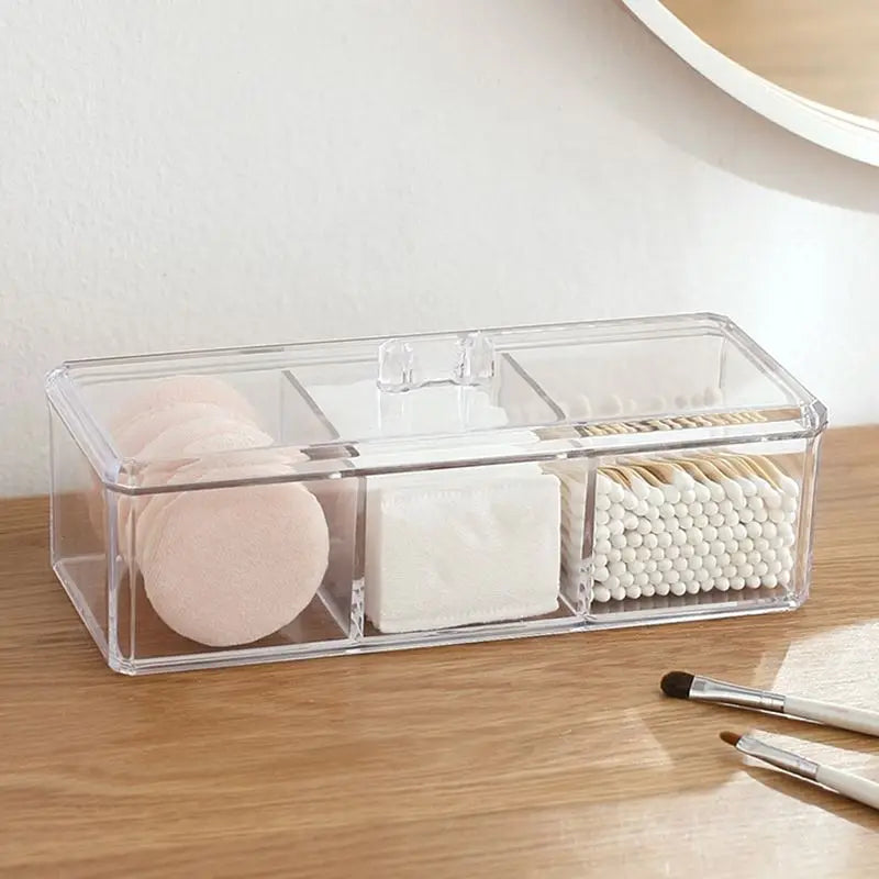 1pc Transparent Cosmetic Storage Box Acrylic Make Up Organizer Three Grid Cotton Swab Cotton Pad Storage Box Home Organization