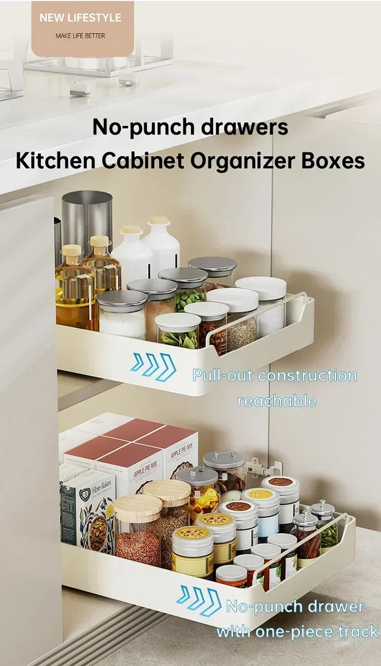 ZEXEF Kitchen Storage Box with Sliding Rail Pull-out Cabinet Storage Rack Spice Pantry Shelves Drawer Kitchen Organizer Basket