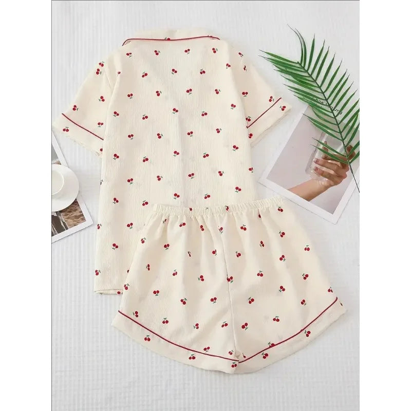 Four Seasons Women Nightwear Cherry Print Cardigan Loungewear Short Sleeve Shorts Girl Sweet Korean Fashion Pajamas Homewear