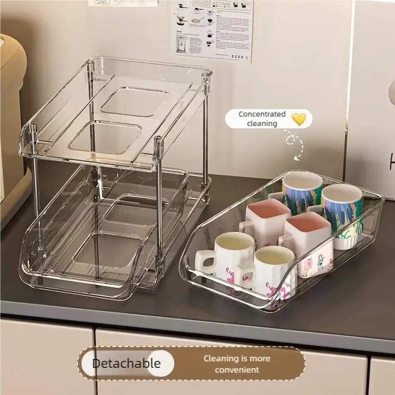 Cup Storage Rack Kitchen Cabinet Bar Double Tea Set Mug Holder Multifunctional Sundry Organization Countertop Pull Out Shelf