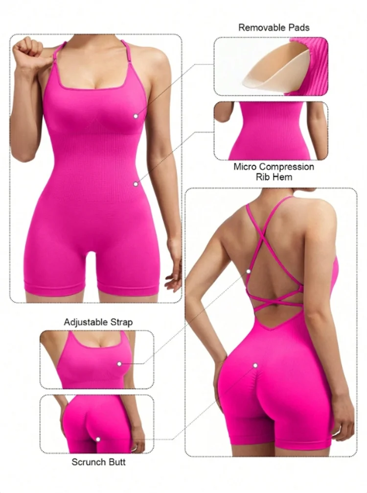 Sexy Fitness Jumpsuit Women Cross Adjustable Sports Playsuit Running One Piece Yoga Suit Scrunch Shorts Backless Set Romper