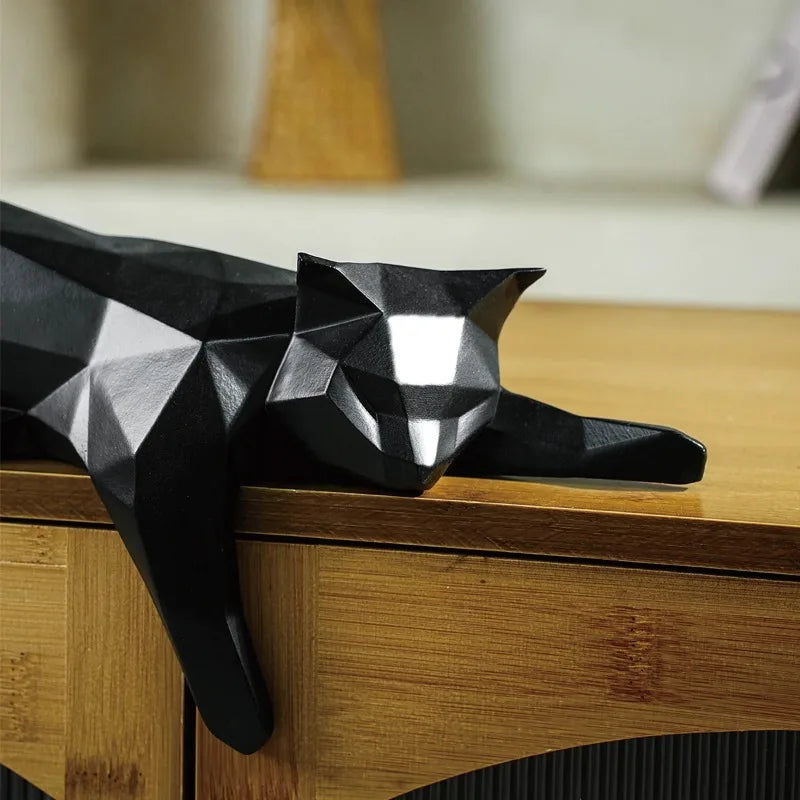 Black White Cat Statue - Geometric Modern Room Decor Figurine Sculpture for Home Office as Table Shelf Desk Decor  Lying Cat