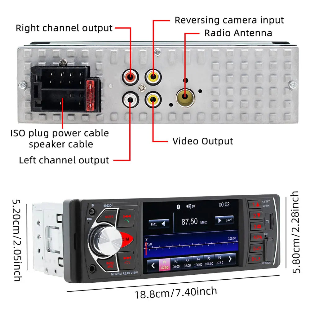 4.1" HD IPS screen car Radio MP5 player smart BT FM USB AUX car radio Hands-free colorful lights Video output Vehicle player 12V