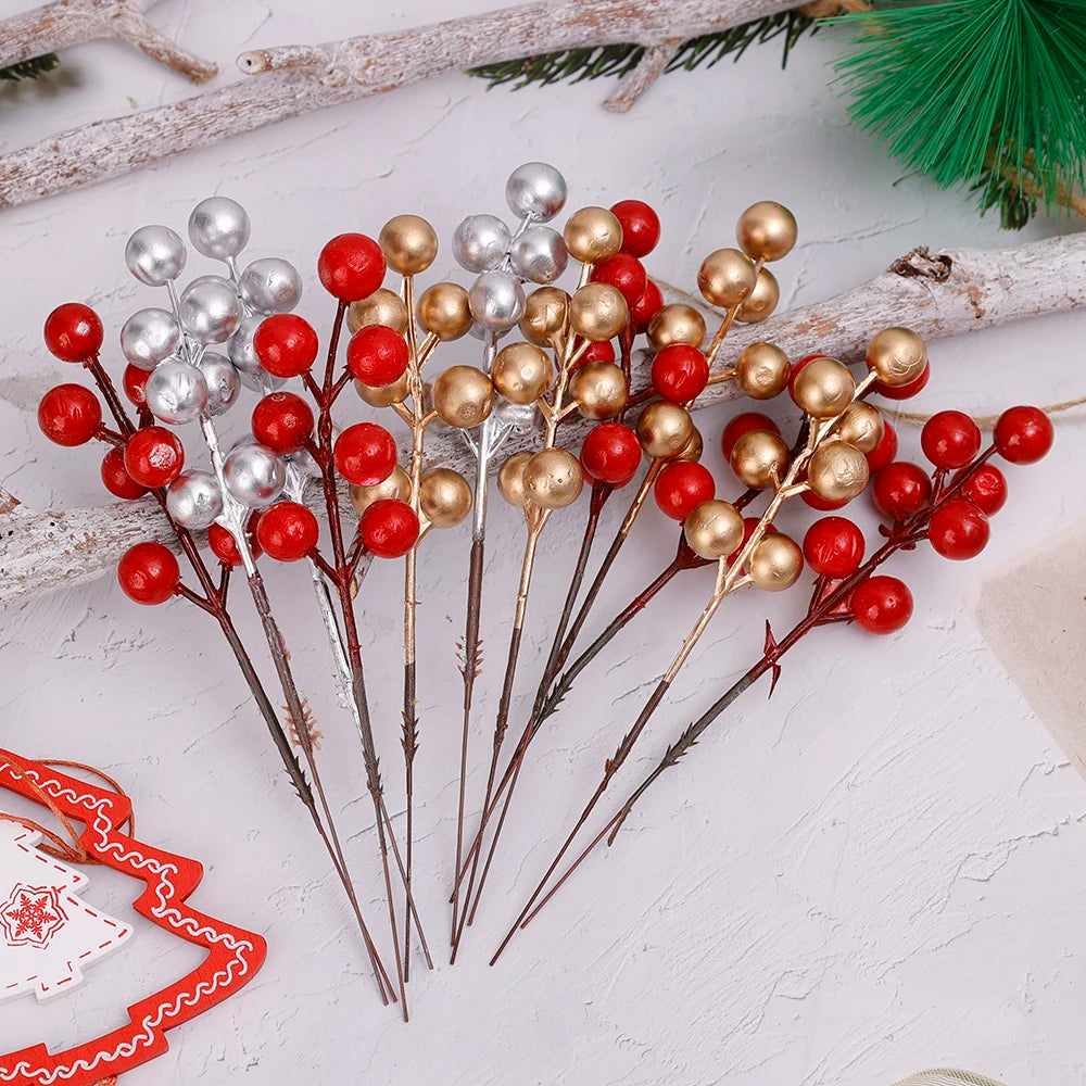 100/1pc Artificial Red Berry Stems Christmas Tree Holly Berries Branches DIY Xmas Wreath Table Ornaments New Year Party Decor