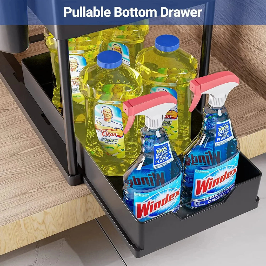 2 Tier Under Sink Organizer Sliding Cabinet Basket Organizer Storage Rack with Hooks Hanging Cup Bathroom Kitchen Organizer