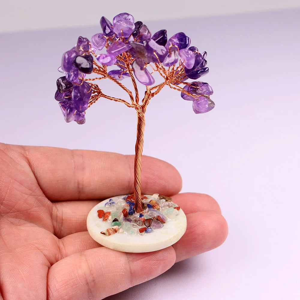 Amethyst Healing Crystals Tree Copper Wire Wrapped on Natural Stone Slice Base Home Desk Living Room Gemstone Decor Mini Sized