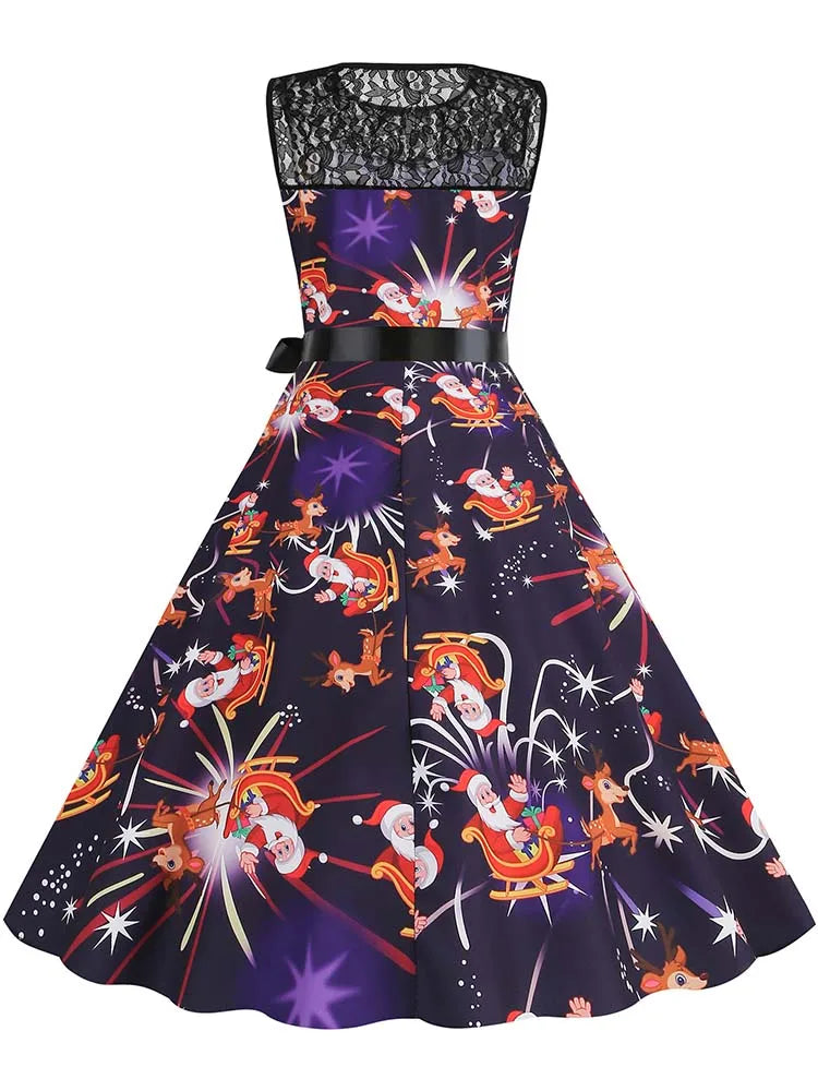 Christmas Dress Women Vintage 50s Lace Sleeveless Print Party A Line Santa Claus Sundress Runway Midi Pinup Flare Dresses