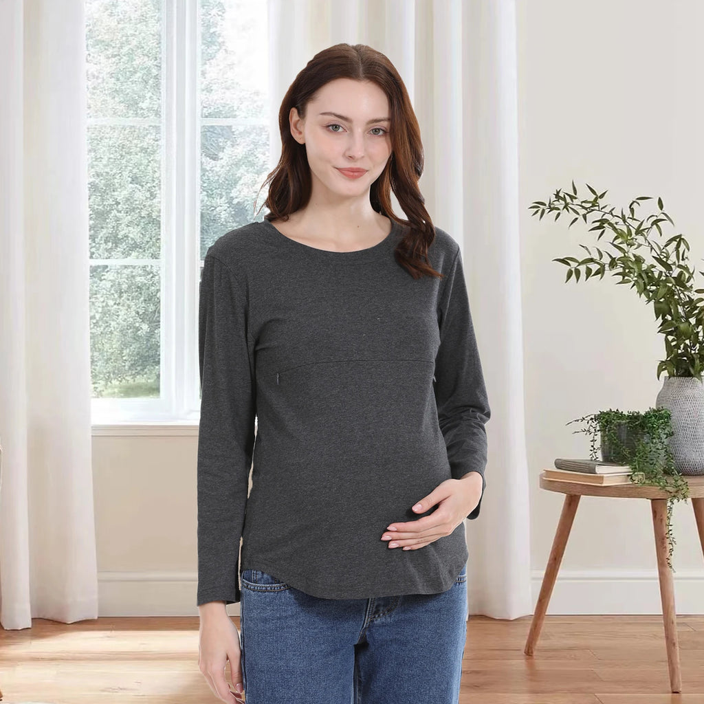 Breastfeeding T Shirt Maternity Clothes Long Sleeve Pregnancy Loose Hem Nursing Tee Spring Autumn Good Stretch Cotton