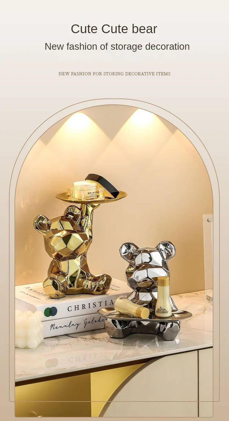 Geometric bear statue with tray storage, ceramic plating piggy bank, key, cosmetic storage box, bookshelf statue decoration.