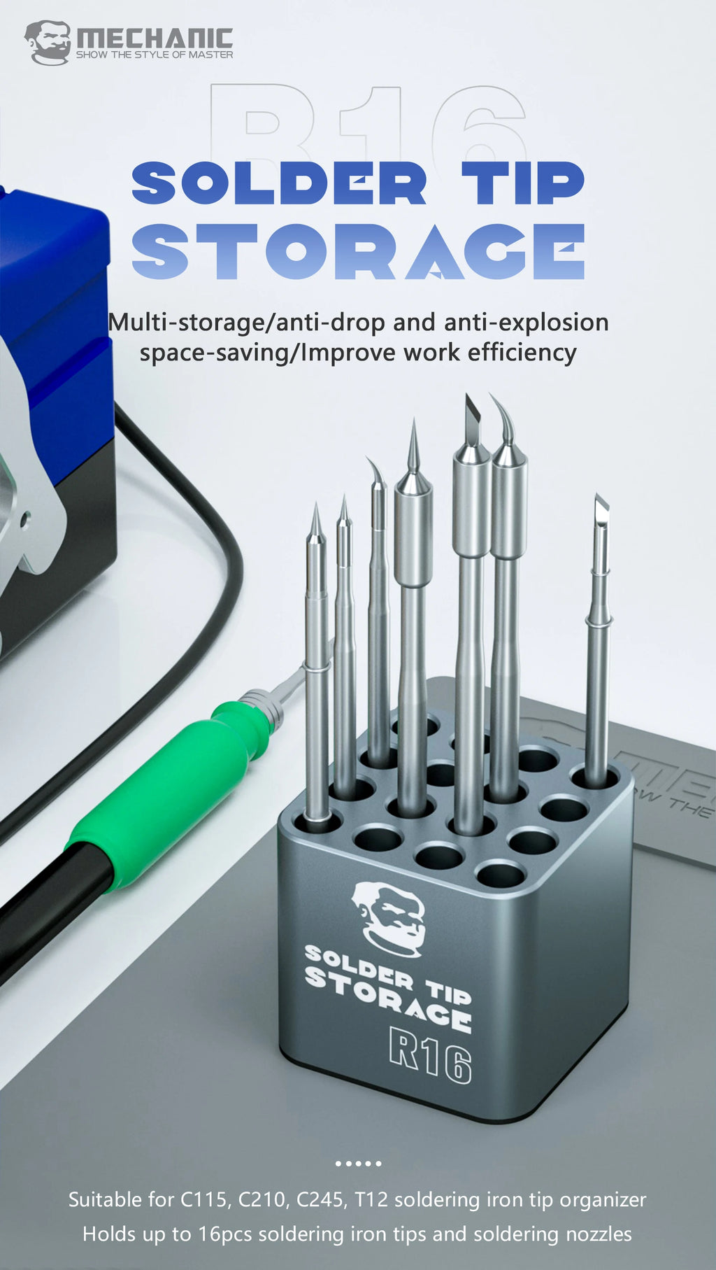 Solder Tip Storage MECHANIC R16 Multi-storage 16 Hole Position For C115 C112 C245 T12 Soldering Iron Tips Organizer Holds Up