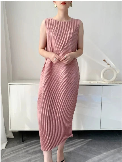 Miyake Hand Circle Pleated Sleeveless Dress Designer Long Round Neck Elegant Loose Summer Korean Style Aesthetic Clothes