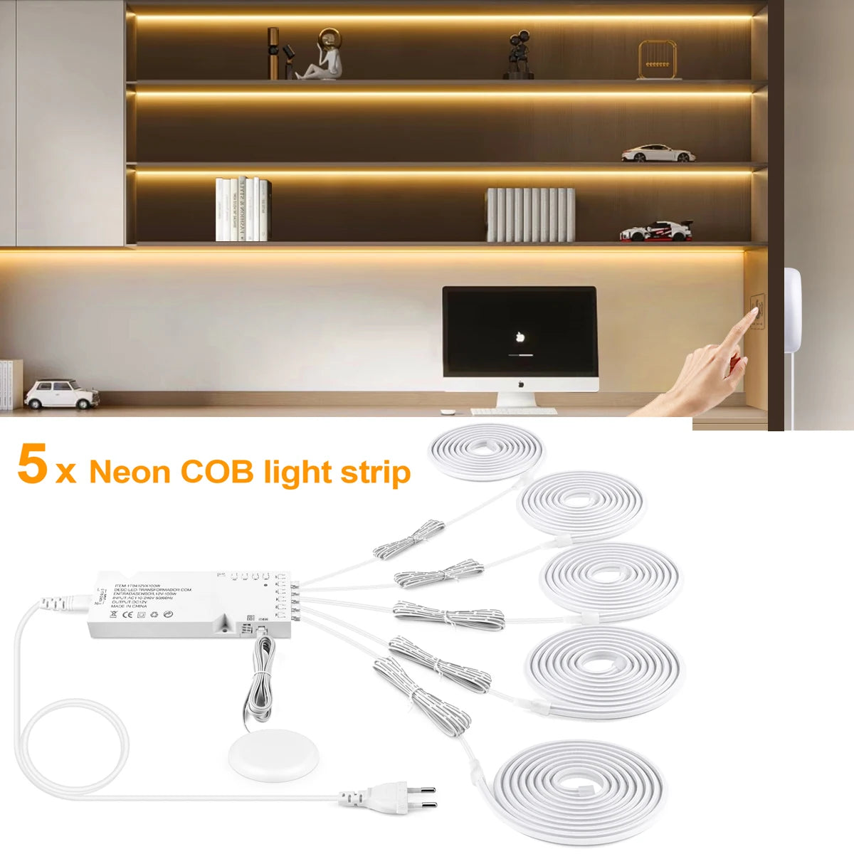 COB Neon Strip Under Cabinet Led Lights Penetrable Wood Dimmable Touch Sensor Wall Lamp,Kitchen Storage Cabinet Lighting Decor