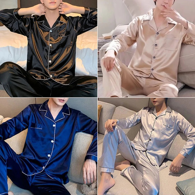 Summer Lapel Long-Sleeved Cardigan Pajamas Men Korean Version of the Solid Colour Light Mature Youth Casual Men's Silk Home Clot