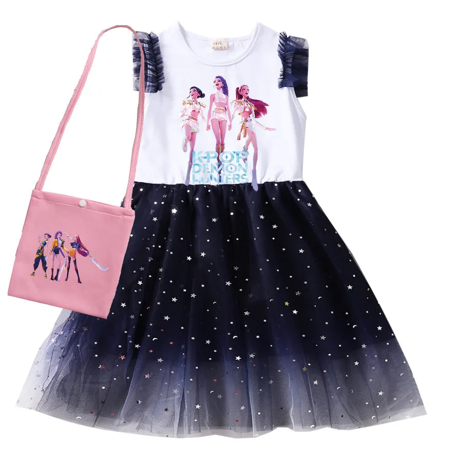 KPop Demon Hunters Clothes Kids Short Sleeve Casual Dress Baby Girls Lace Dress with Small Bag Children Wedding Party Vestidos