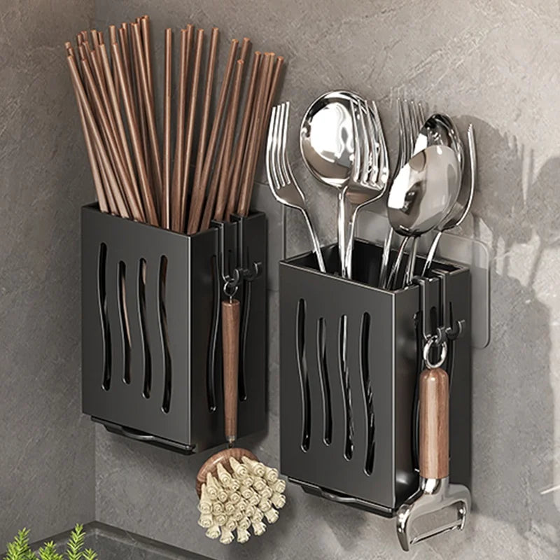 Kitchen Wall Mounted Shelf Multifunctional Chopstick and Spoon Cylinder No Hole Installation Drainage Basket Tableware Storage