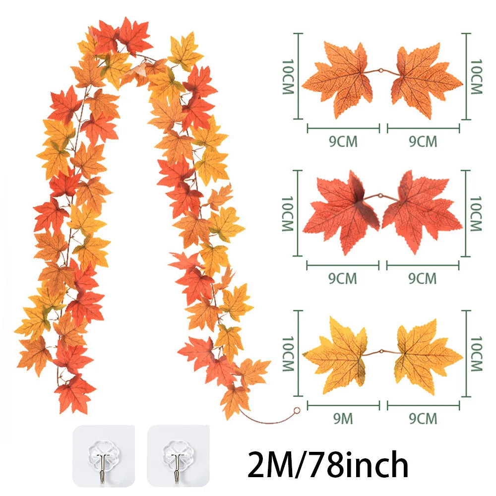 2M Artificial Maple Leaf Garland Autumn Leaves Fake Plant Vine for Fall Festival Wedding Halloween Thanksgiving Room Table Decor