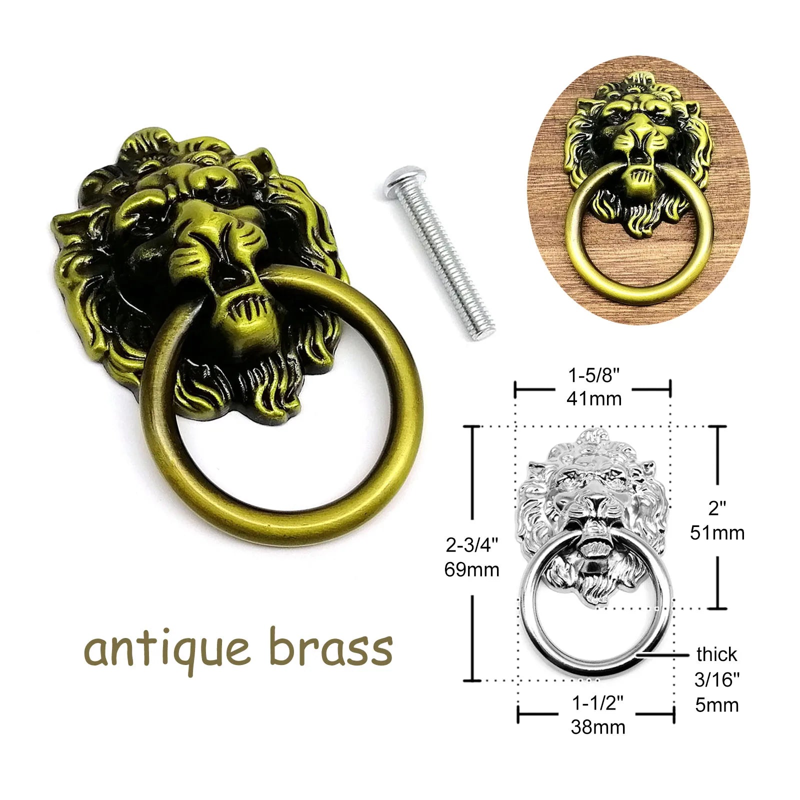 1/2/4/6X Vintage Retro Jewelry Chest Box Cabinet Cupboard Dresser Drawer Handle Pull Knob Ring Lion Head Shape 41x69mm 4 colors